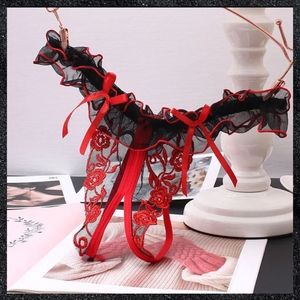 Black & Red Crotchless Floral Lace Ruffle G-String Open Crotch Panty